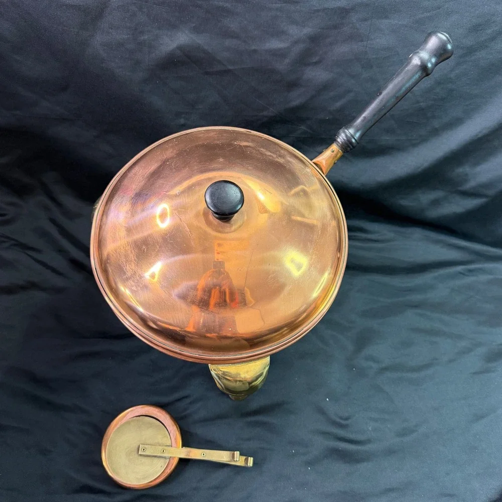 Vintage Copper Chafing Dish Set with Brass Stand and Wooden Handle